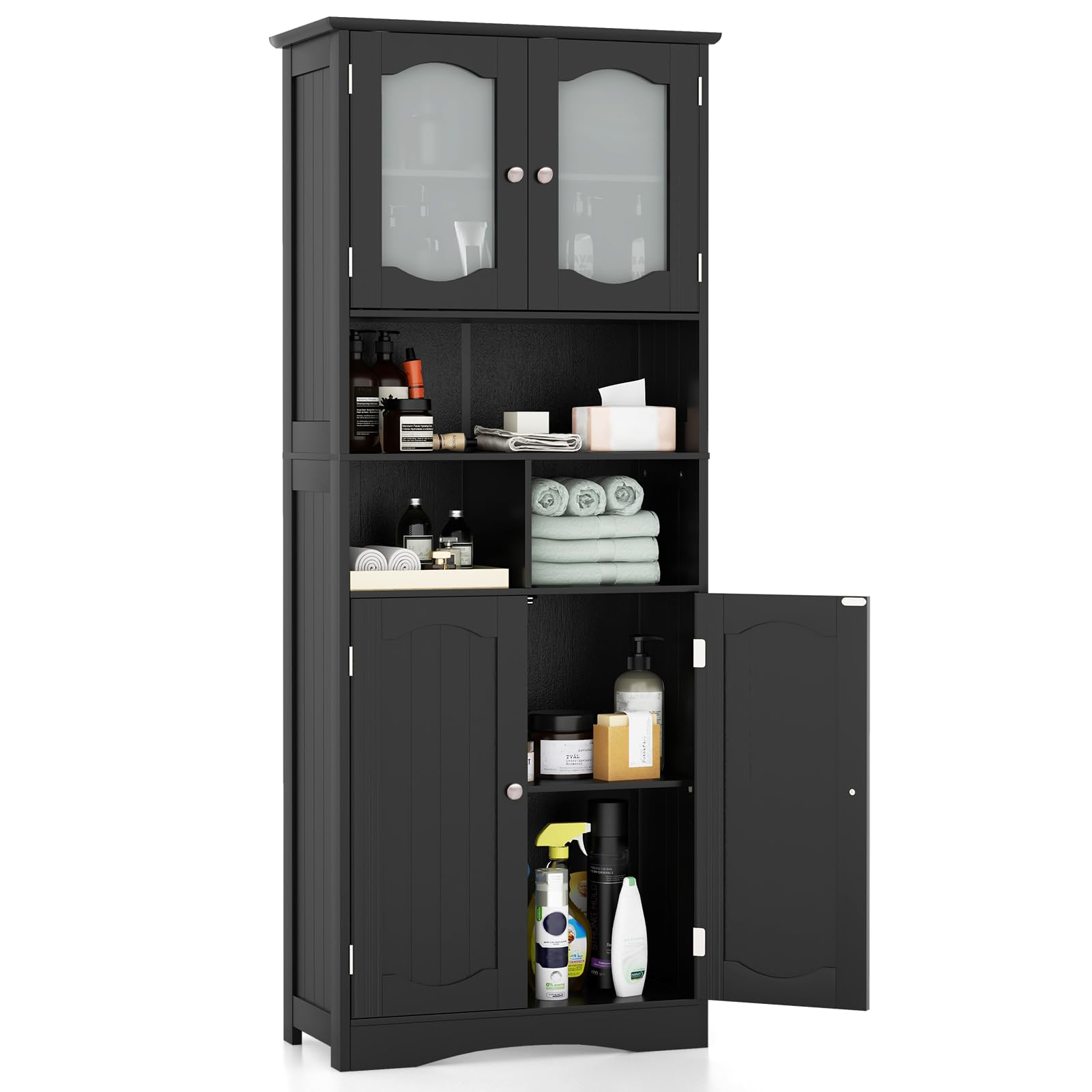 Tangkula 58.5" Tall Bathroom Storage Cabinet, Freestanding Linen Cabinet with Frost Glass Doors and Shelves